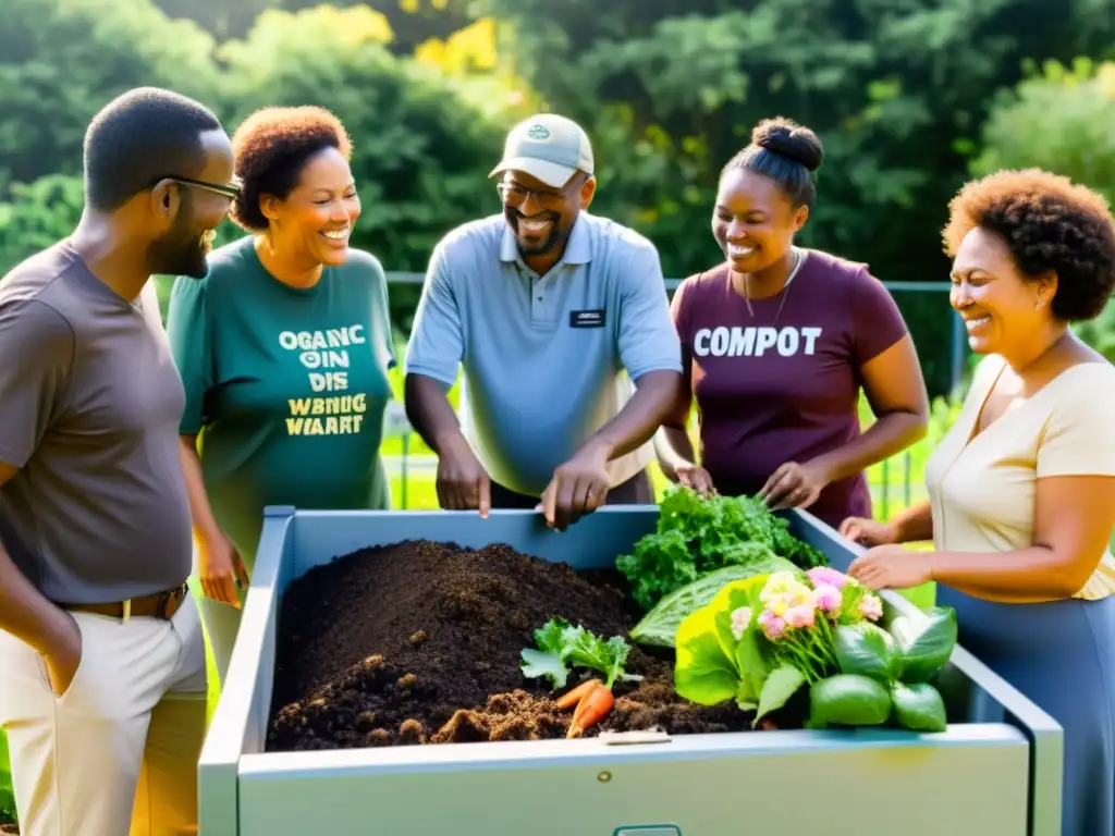 Miembros de la comunidad promueven la participación comunitaria en el compostaje en un jardín vibrante