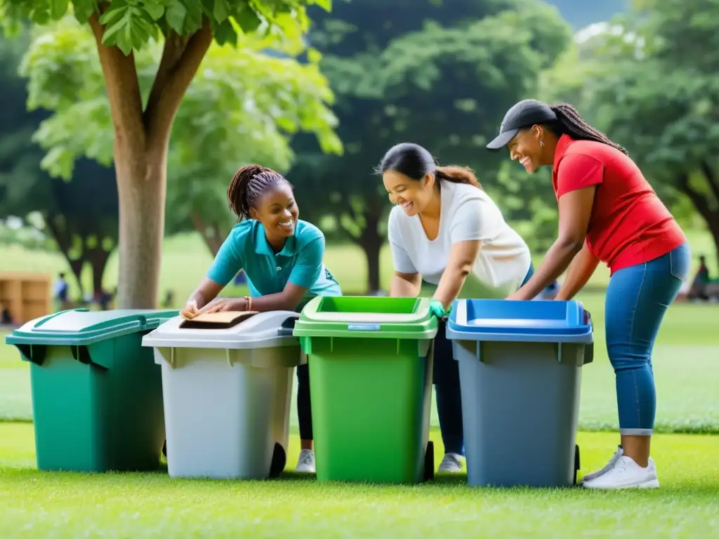 Miembros de la comunidad clasifican reciclables en el parque, promoviendo la sostenibilidad y la unión en talleres de compostaje en la comunidad