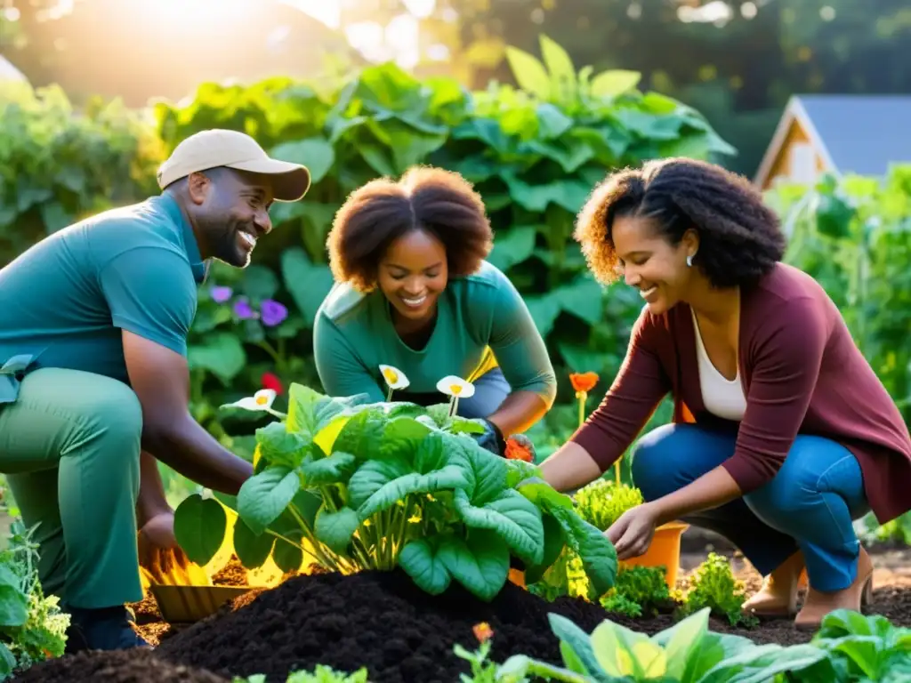 Miembros diversos colaboran en un jardín comunitario, practicando compostaje comunitario y sostenible al atardecer