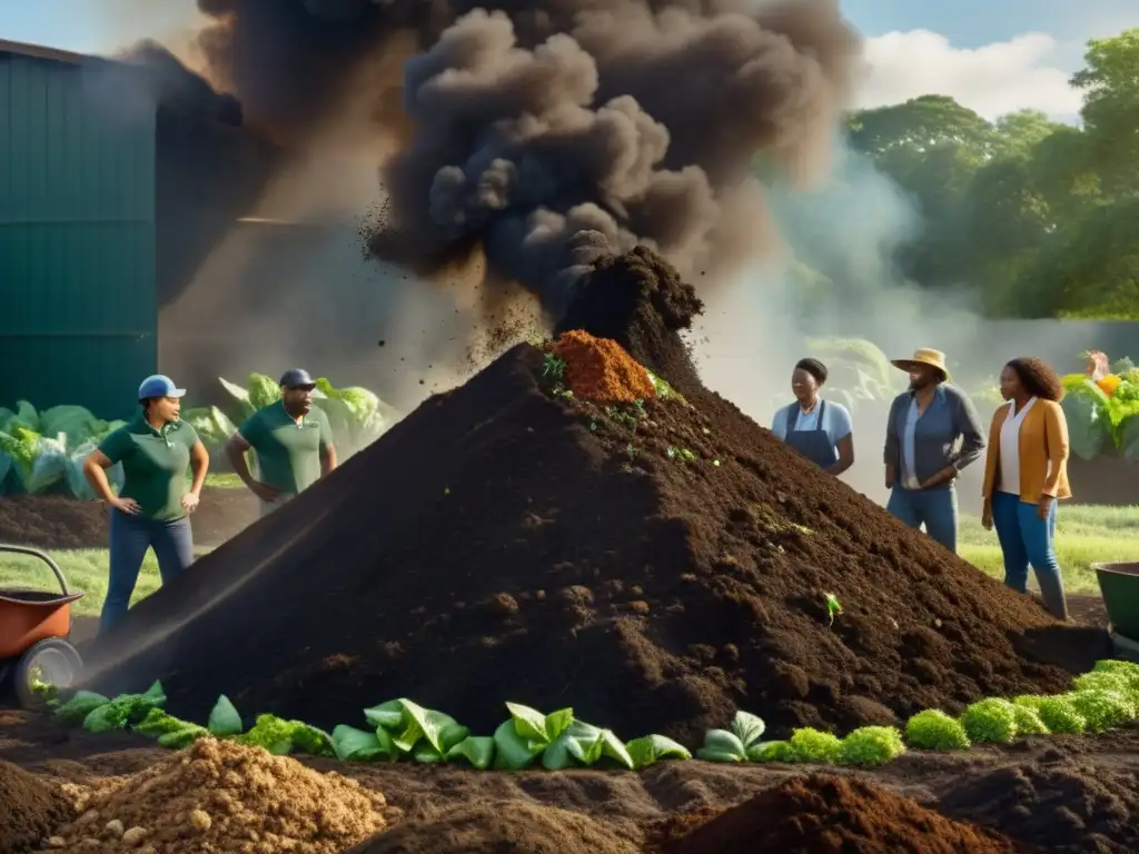 Miembros diversos de la comunidad trabajan juntos para convertir una gran pila de compost, con vapor elevándose de la tierra rica y oscura