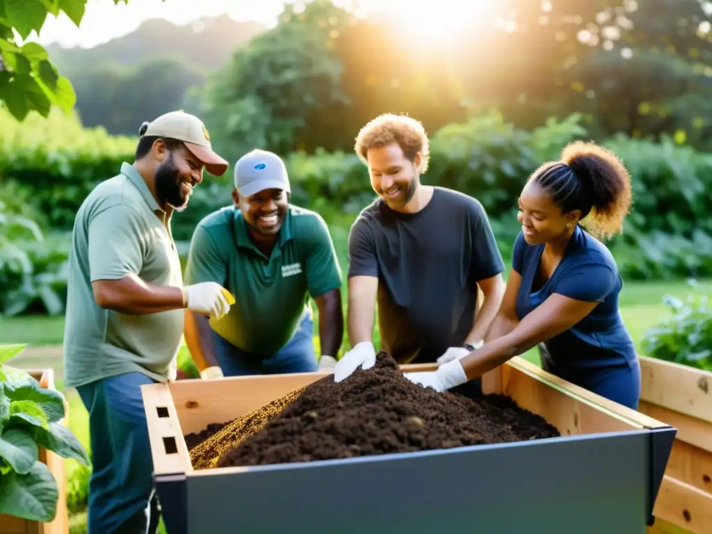 Miembros diversos construyen juntos una gran compostera comunitaria en un jardín verde, mostrando modelos efectivos de composteras comunitarias