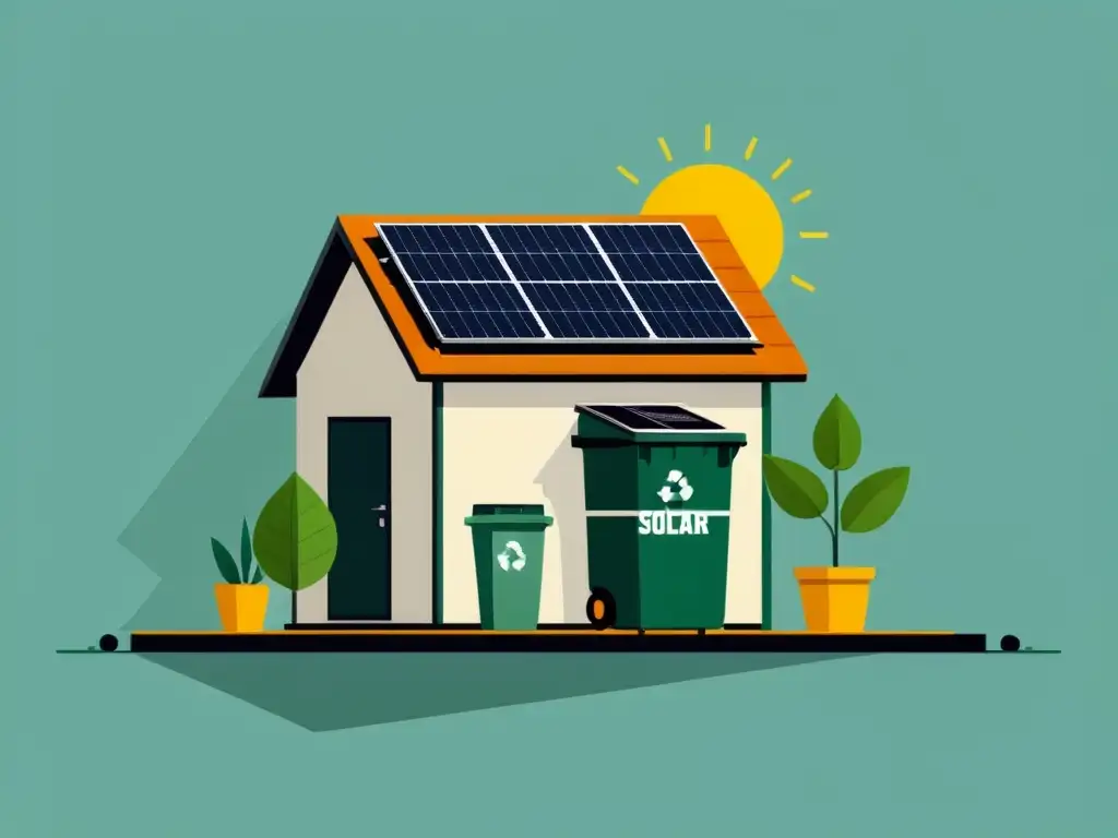 Ilustración minimalista de una casa moderna y ecológica con paneles solares, sistema de recolección de agua de lluvia, jardín y estación de reciclaje