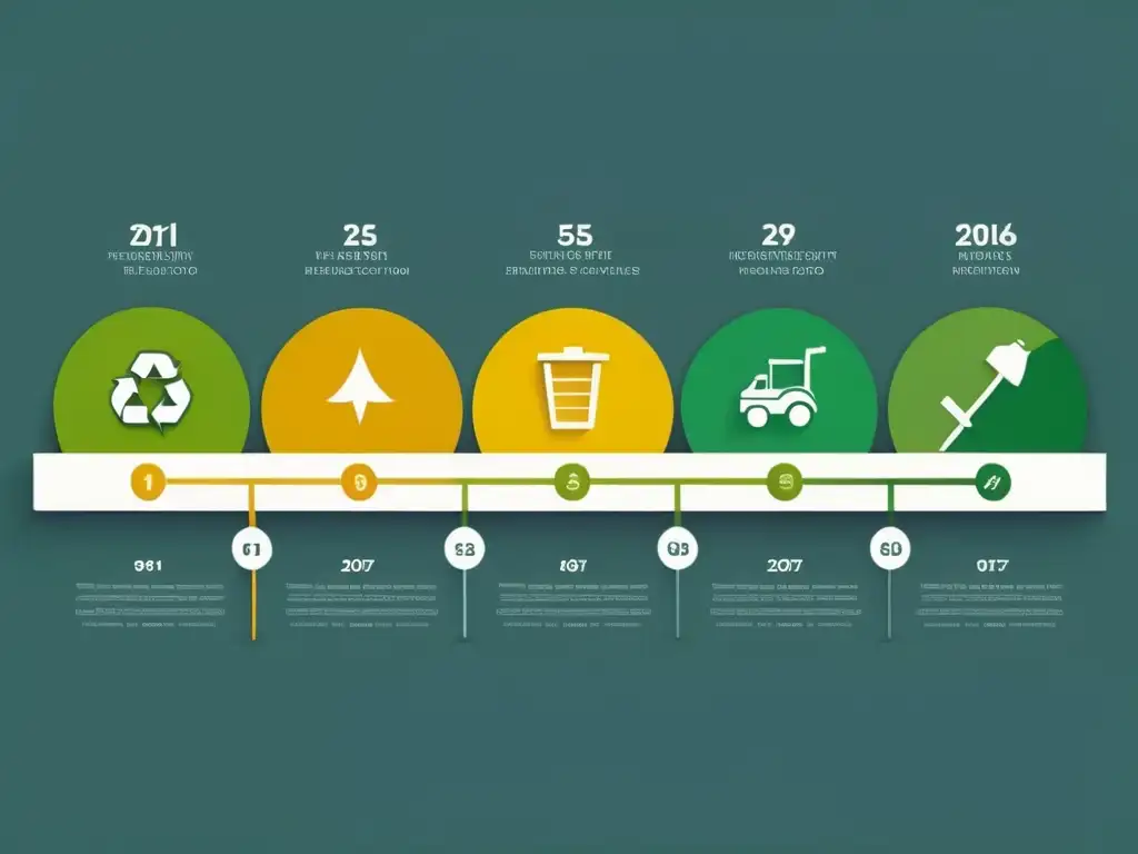 Una ilustración minimalista muestra la evolución del concepto reciclaje a lo largo del tiempo, con hitos clave marcados en una línea de tiempo