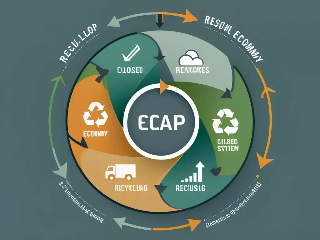 Representación minimalista de la economía circular con flujo de recursos y materiales en un sistema cerrado, destacando el reciclaje y reuso