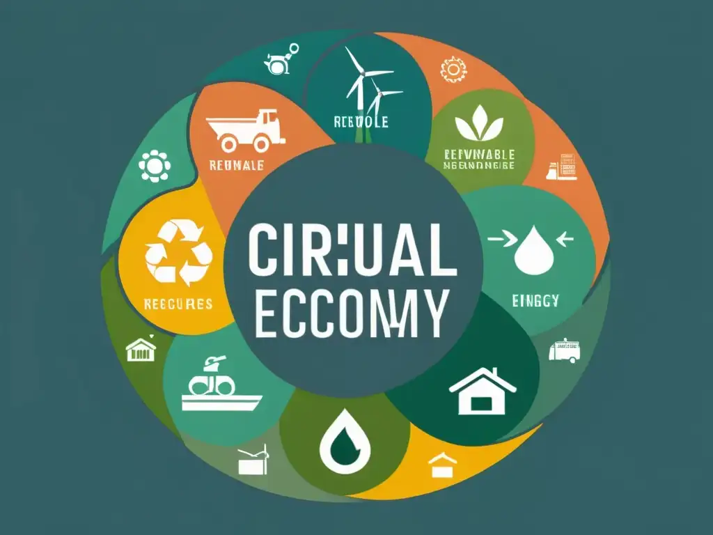 Representación minimalista de la economía circular con recursos fluyendo entre industrias