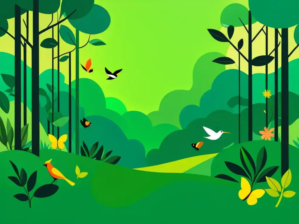 Ilustración minimalista de un exuberante bosque verde con diversa vida silvestre