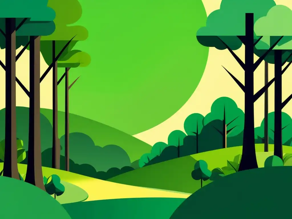 Ilustración minimalista de un exuberante bosque verde, transmitiendo armonía y sostenibilidad