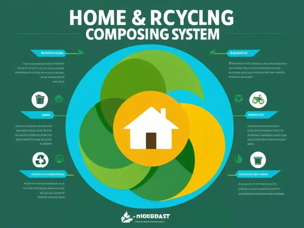 Infografía minimalista de mantenimiento de sistemas de reciclaje y compostaje en el hogar con ilustraciones detalladas y texto informativo