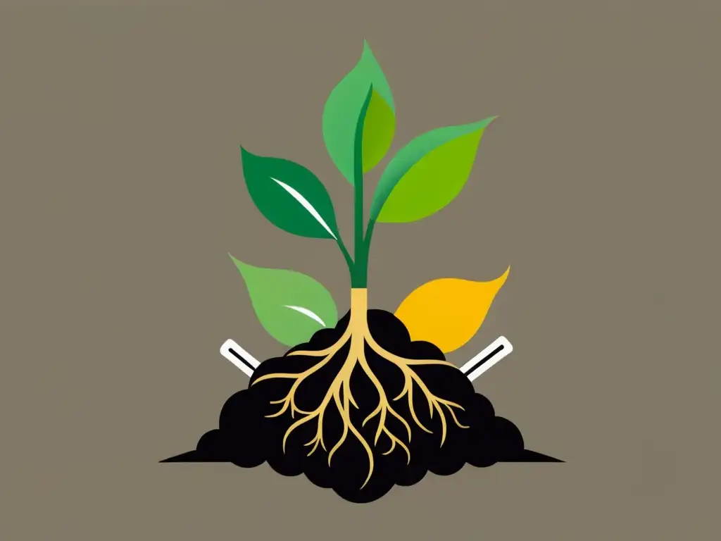 Un ilustración minimalista de una planta verde próspera creciendo de compost, rodeada de materiales reciclables