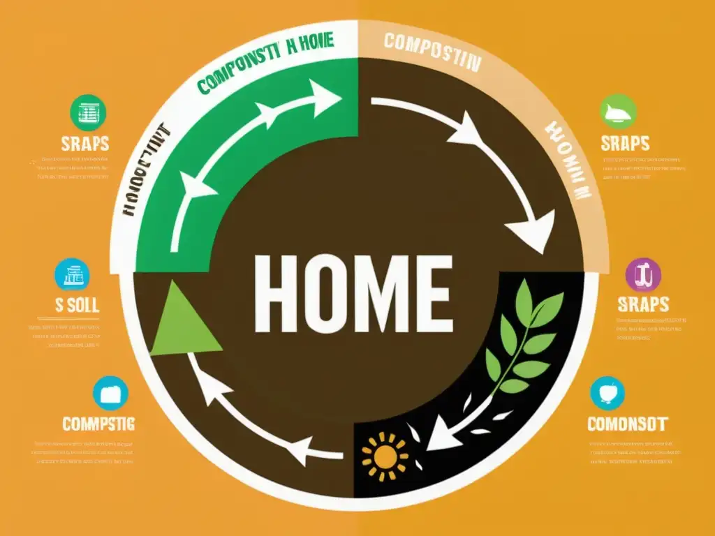 Infografía minimalista muestra proceso de compostaje en casa, con ilustraciones vibrantes de reciclaje y una familia feliz