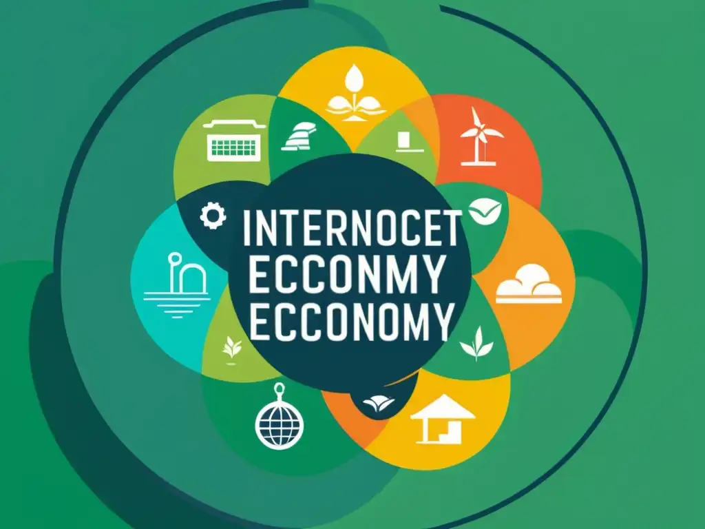 Una ilustración minimalista de procesos interconectados de economía circular, con diseño moderno y paleta de colores ecológicos