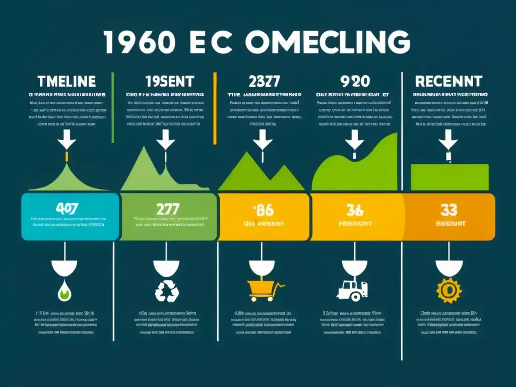 Una ilustración minimalista muestra la evolución del reciclaje como respuesta a crisis desde los años 70 hasta hoy, con iconos elegantes y visuales