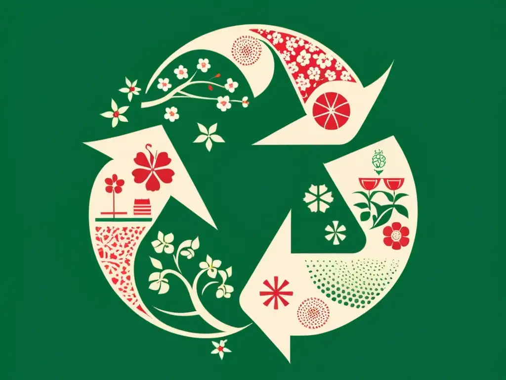 Reciclaje global: símbolos culturales unidos Una ilustración minimalista de símbolos culturales integrados en un símbolo de reciclaje, representando enfoques de reciclaje sostenible de diferentes países