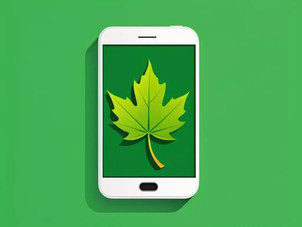 Ilustración minimalista de un smartphone con una hoja verde, simbolizando estrategias de marketing móvil ecológicas