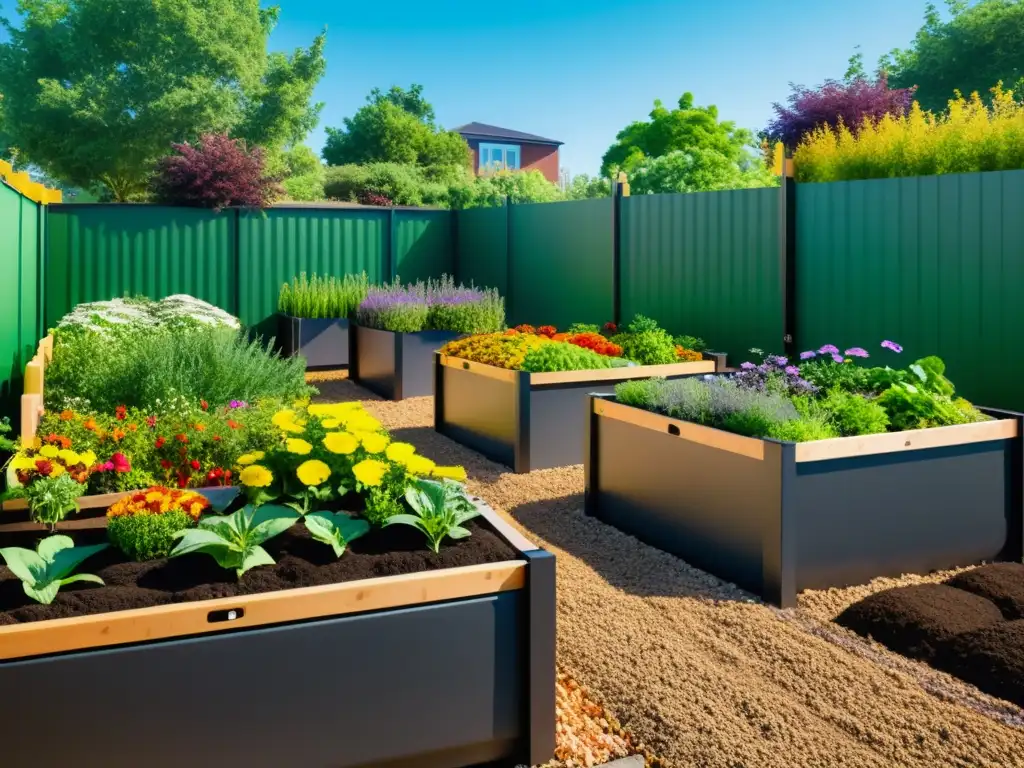 Modelos efectivos de composteras comunitarias en un jardín comunitario vibrante y bien cuidado, rodeado de plantas verdes y flores coloridas