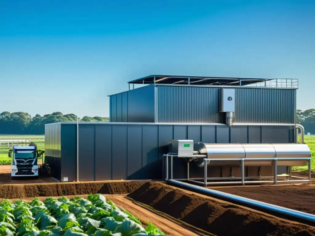 Instalación moderna de compostaje en la industria cárnica, rodeada de vegetación exuberante y cielos azules, reflejando innovación ecoamigable