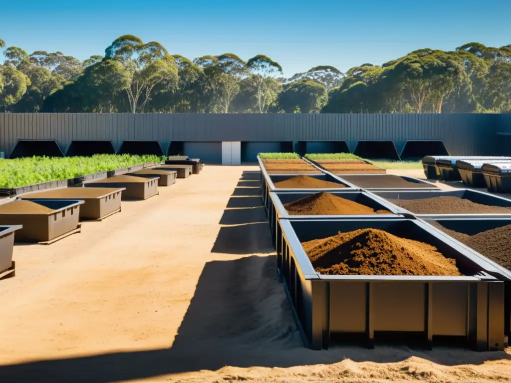 Instalación moderna de compostaje y reciclaje en Australia, armonía entre naturaleza e innovación, trabajadores cuidando los contenedores