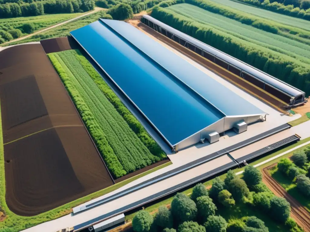 Instalación moderna de compostaje rodeada de vegetación exuberante y cielos azules, reflejando emprendimientos verdes compostaje reciclaje casos éxito