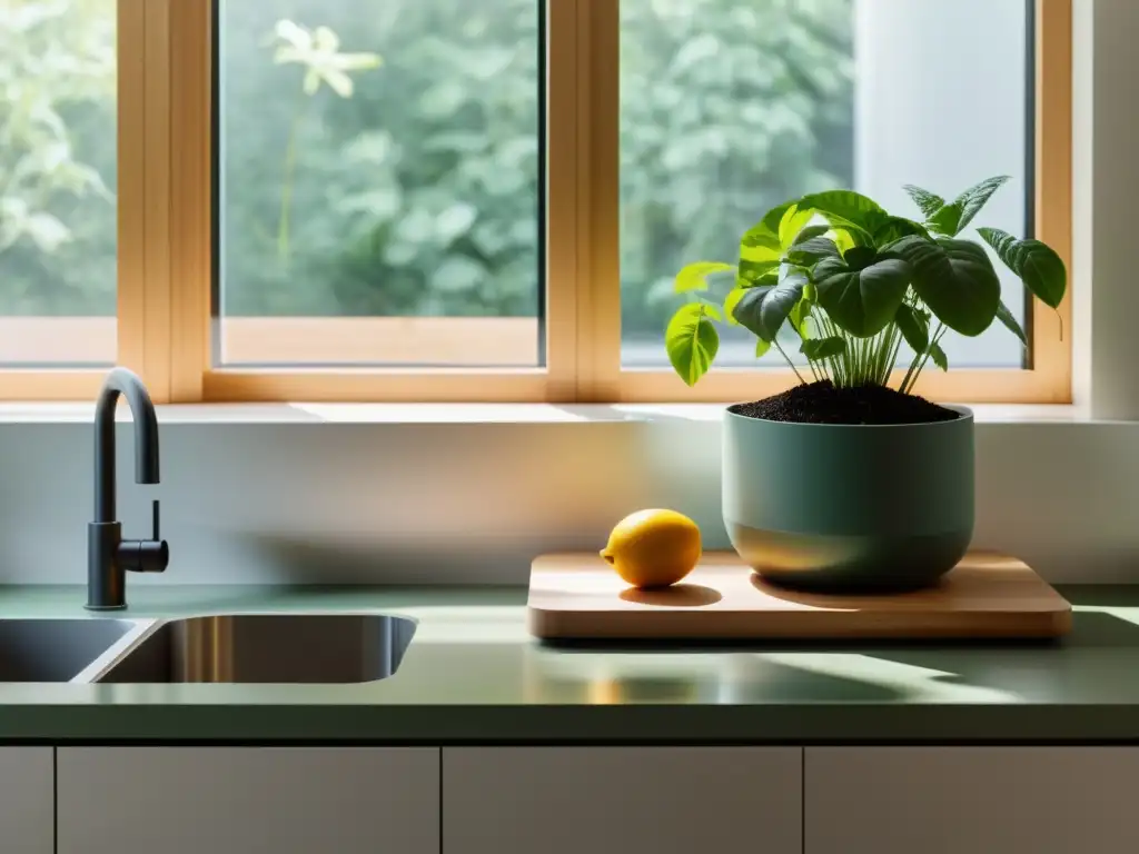 Moderna encimera de cocina con compostera, restos de comida ordenados y planta