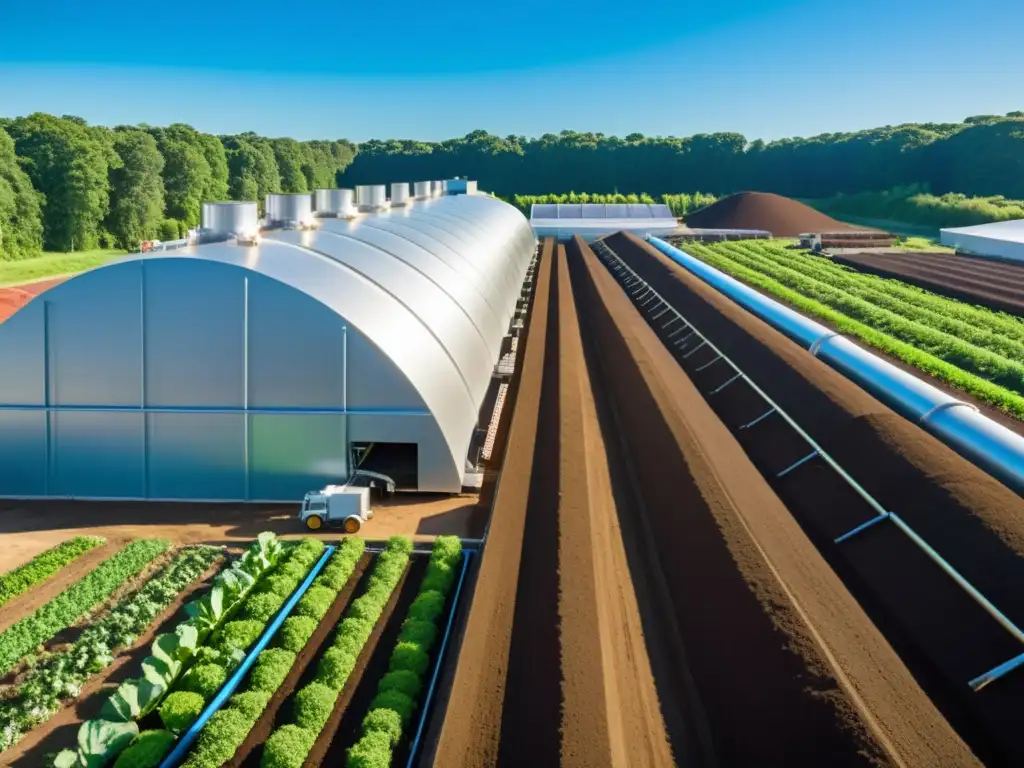 Una moderna instalación de compostaje con filas ordenadas de compost, maquinaria y trabajadores