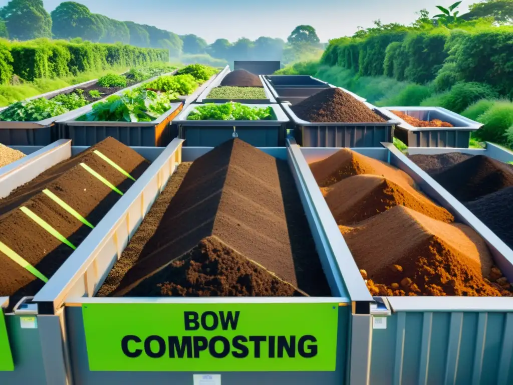 Una moderna instalación de compostaje con trabajadores cuidando los montones de compost, rodeada de exuberante vegetación