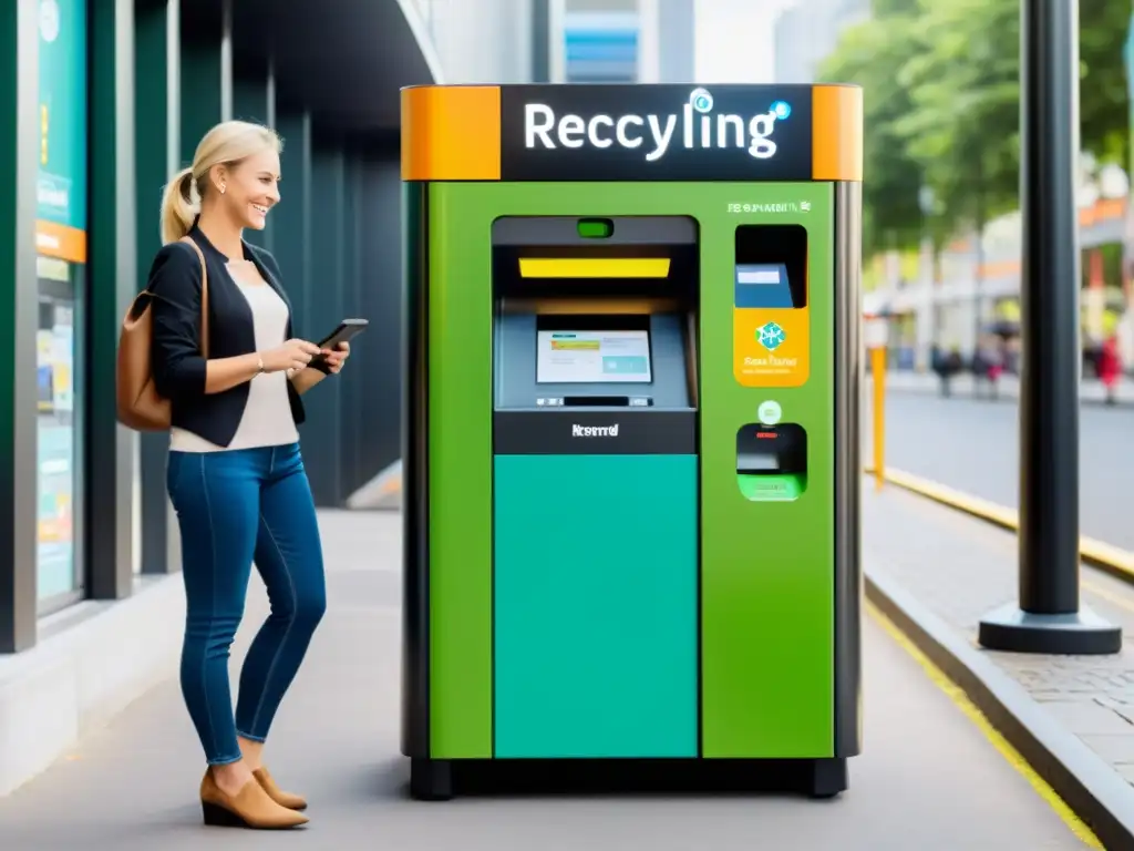 Una moderna máquina de reciclaje con recompensas en un entorno urbano, donde la gente interactúa feliz depositando materiales reciclables