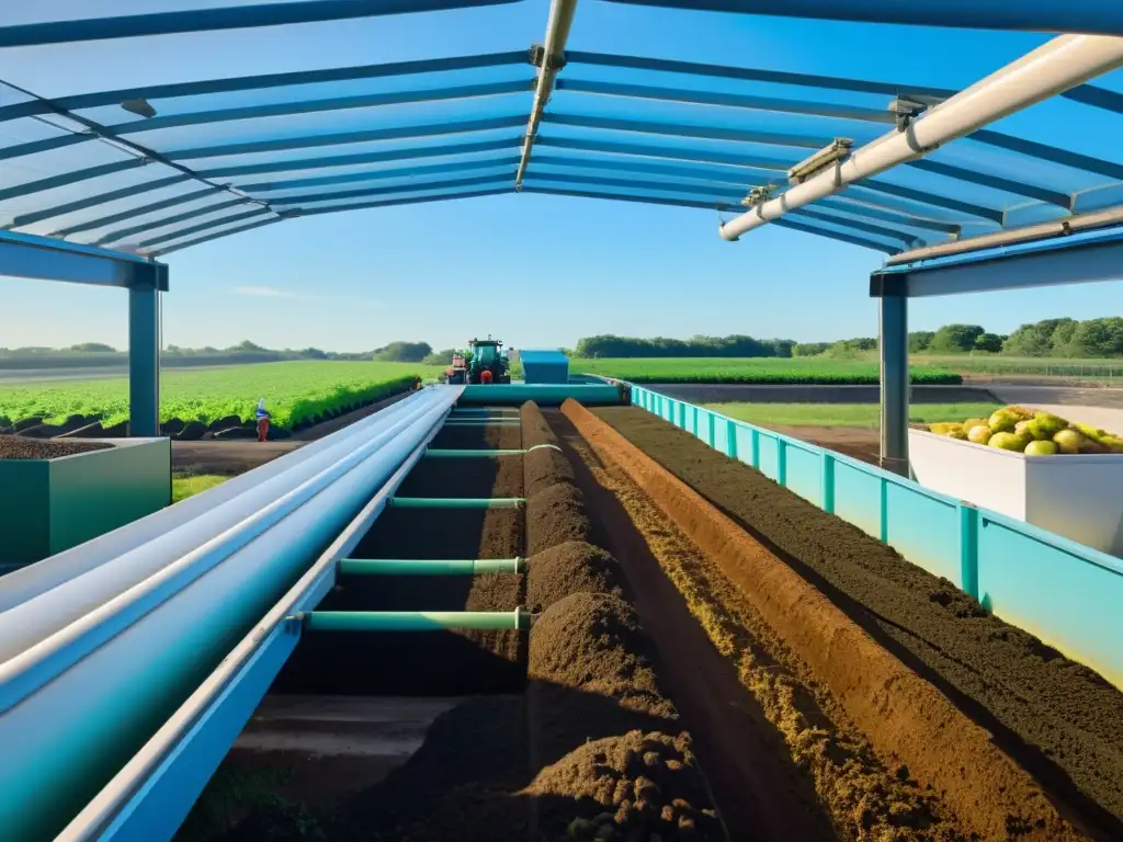 Una moderna planta de compostaje industrial rodeada de vegetación exuberante, trabajadores en uniformes ecológicos y maquinaria grande y eficiente