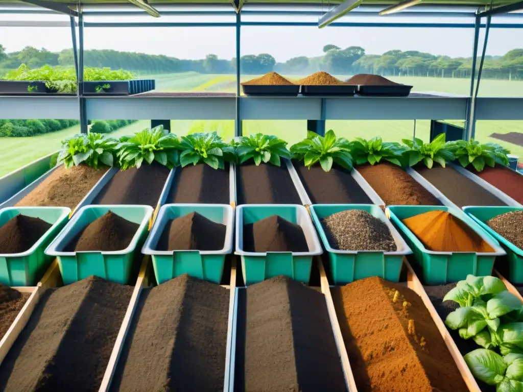 Una moderna planta de compostaje con trabajadores y letreros, rodeada de exuberante vegetación