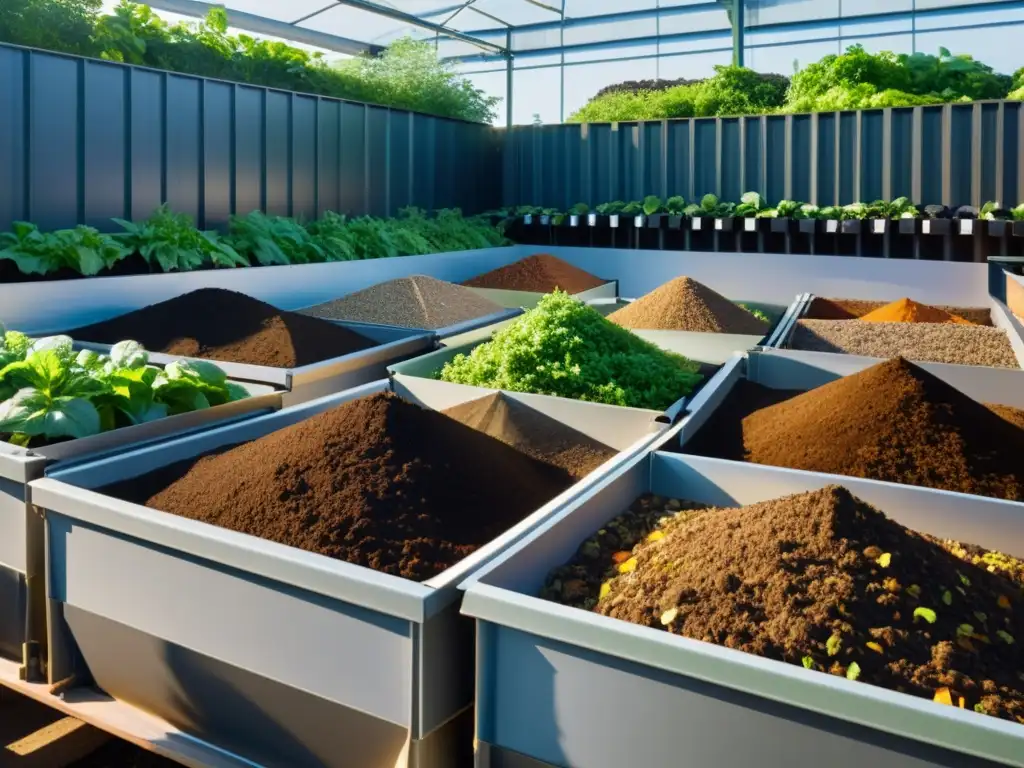 Una moderna planta de compostaje con trabajadores atendiendo las pilas de compostaje, bañada en luz natural y rodeada de exuberante vegetación