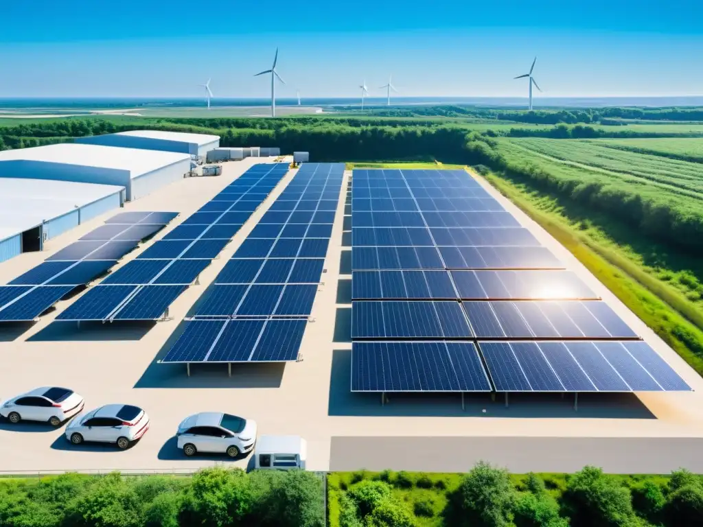 Una moderna planta de reciclaje con integración de energía renovable, rodeada de naturaleza exuberante y trabajadores eficientes