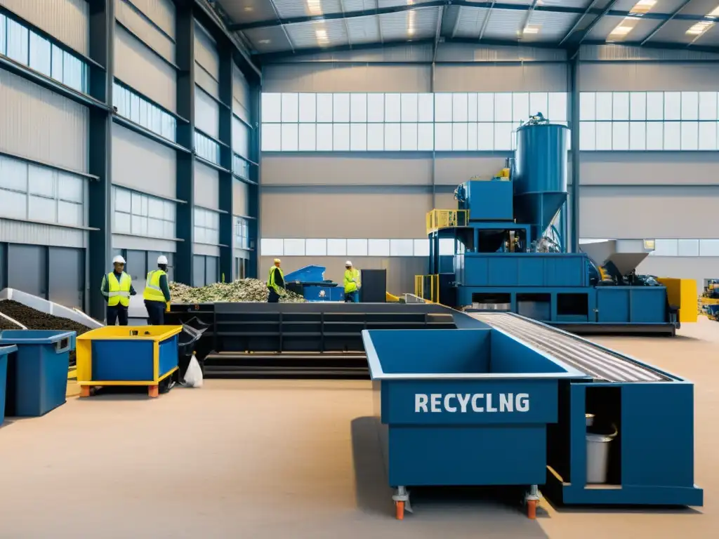 Una moderna planta de reciclaje con maquinaria de vanguardia y un equipo de trabajadores colaborando para procesar materiales reciclables