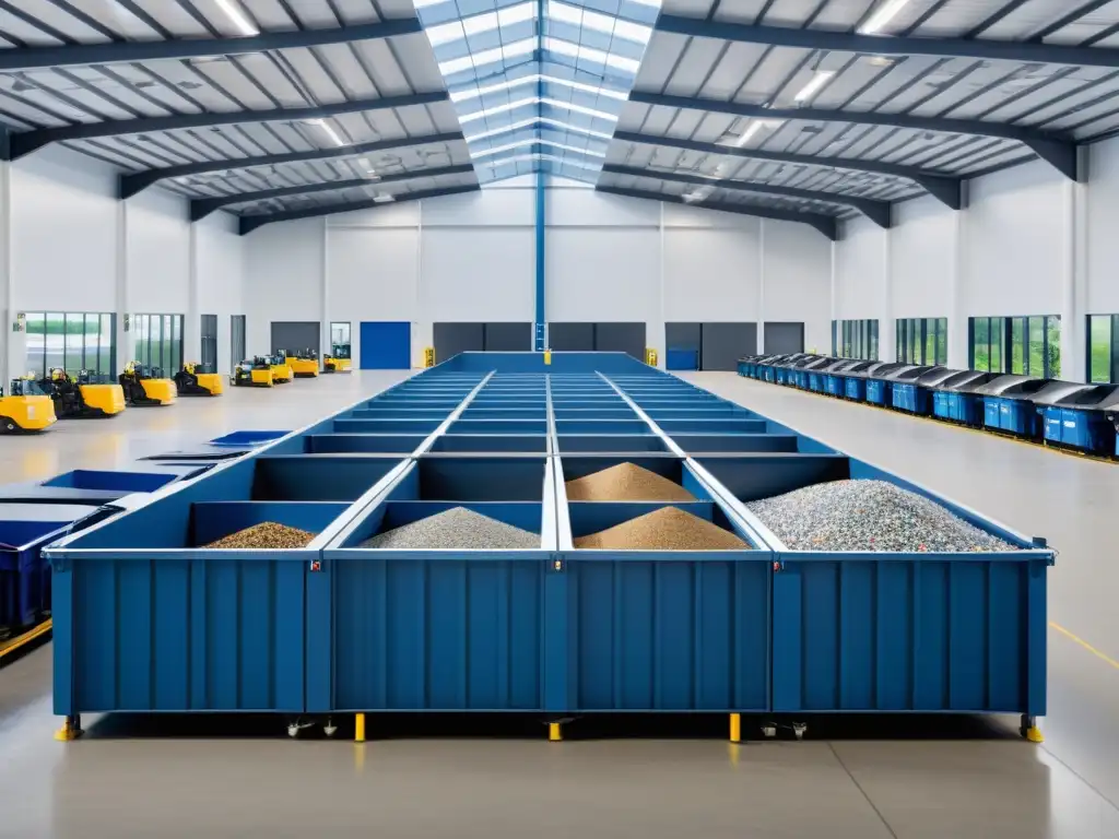 Una moderna planta de reciclaje, con maquinaria avanzada, organización impecable y bañada en luz natural