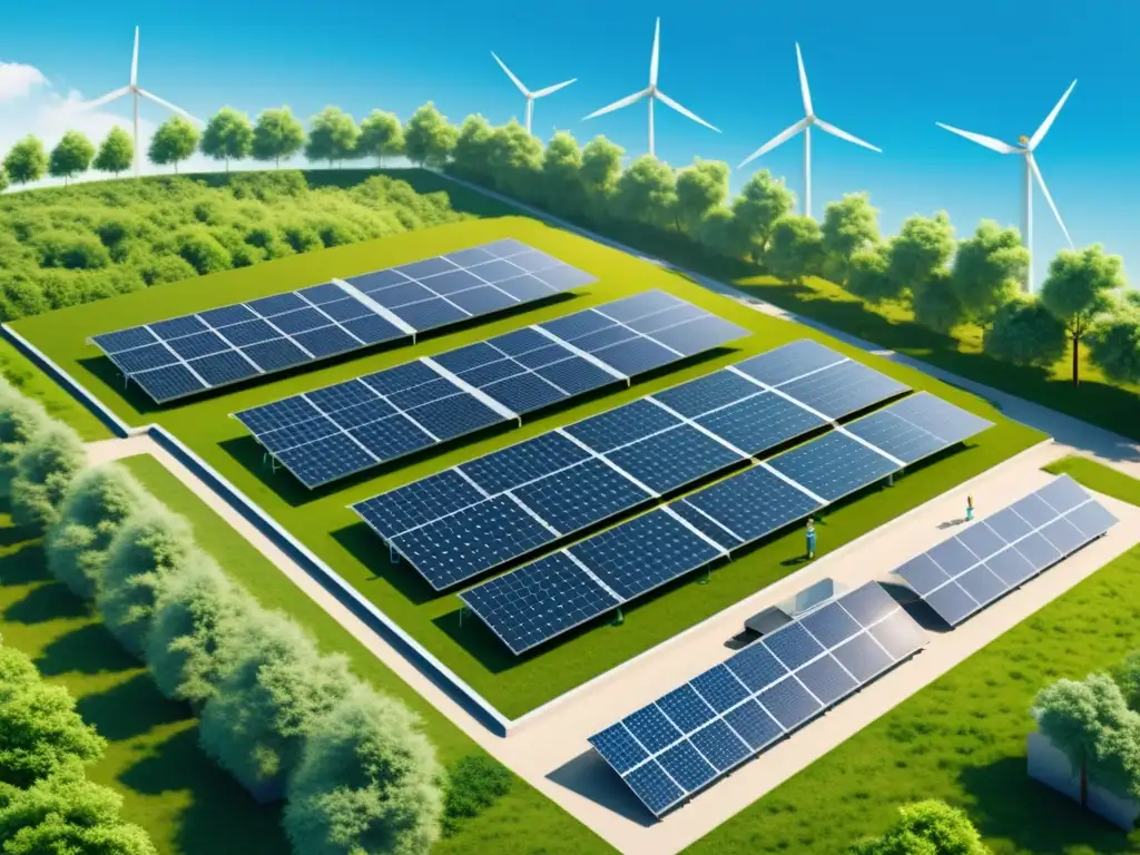 Instalación moderna de reciclaje con integración de energía renovable en un entorno armonioso y eficiente