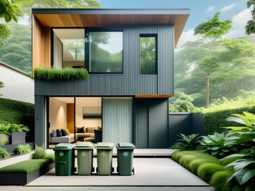 Casa ecológica moderna rodeada de naturaleza exuberante, con contenedores de reciclaje ordenados