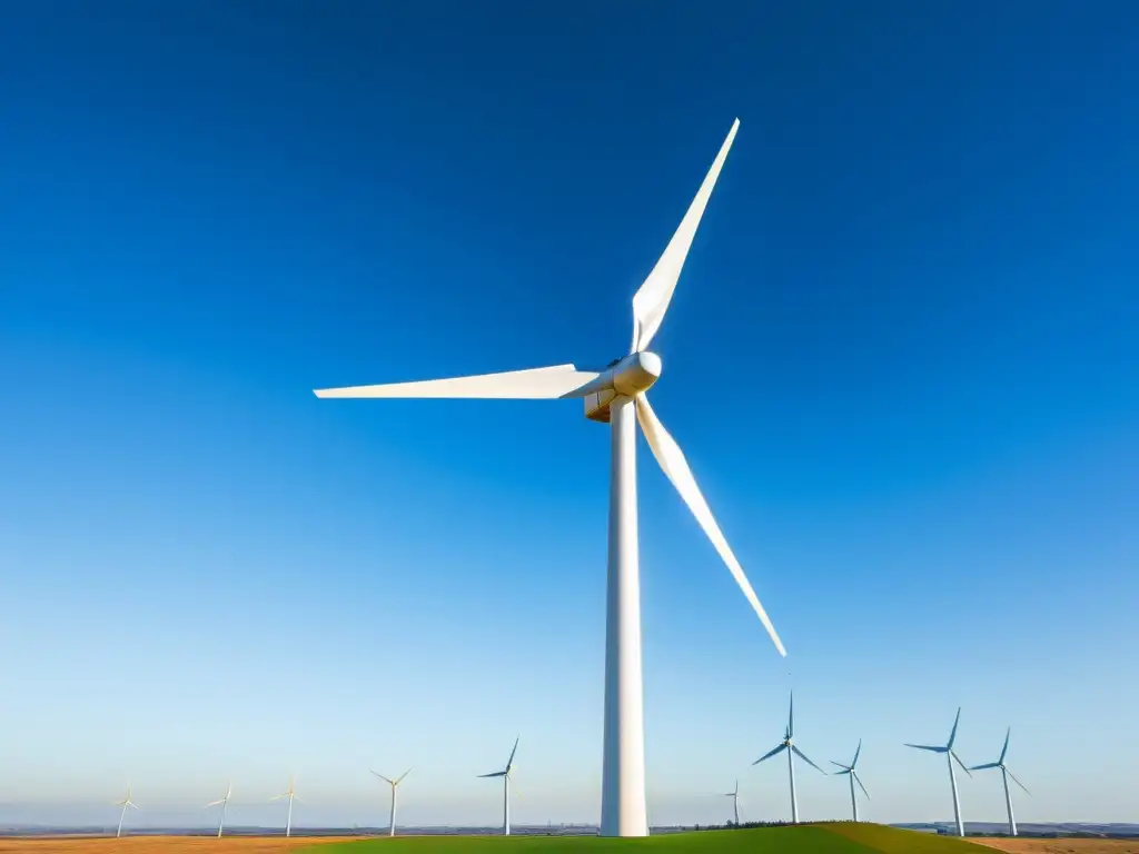 Una moderna turbina eólica se alza en un paisaje amplio y soleado, transmitiendo la integración de energía renovable en reciclaje