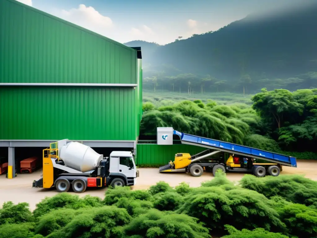 Modernas instalaciones de reciclaje con maquinaria de última tecnología clasificando materiales reciclables, rodeadas de exuberante vegetación