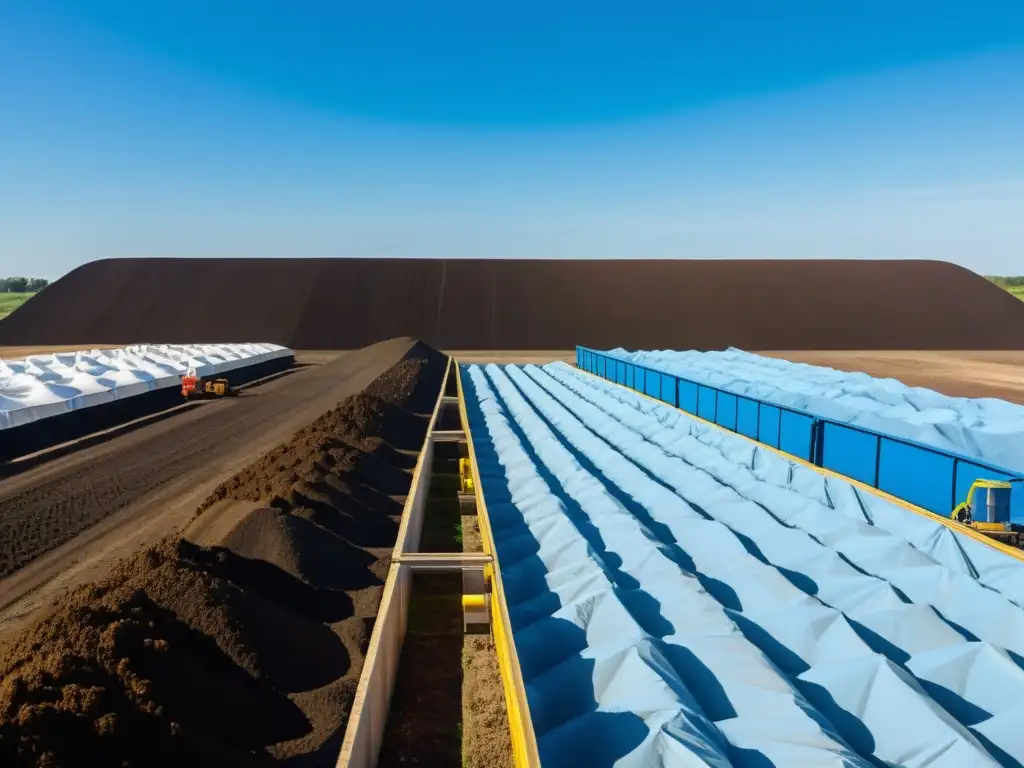 Un moderno centro de compostaje industrial con pilas de compost ordenadas, vapor elevándose y trabajadores monitoreando el proceso