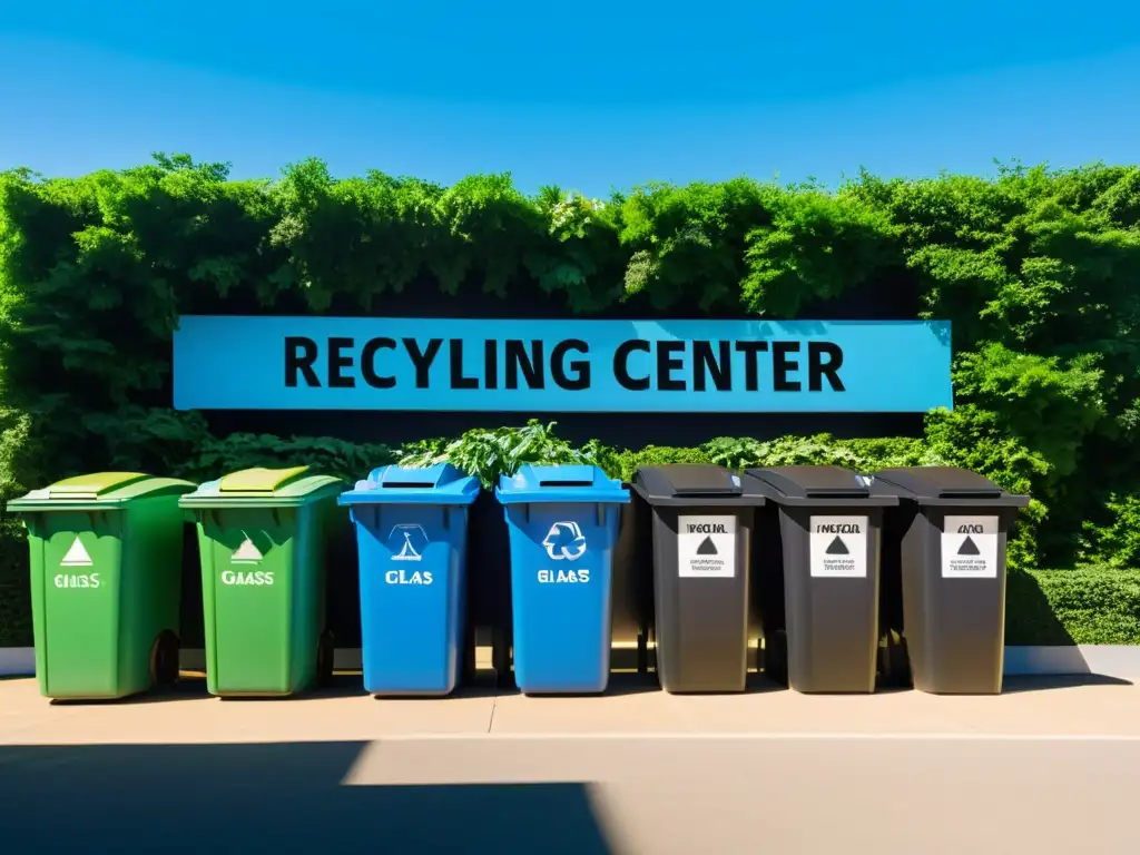 Un moderno centro de reciclaje con contenedores separados para vidrio, plástico, papel y metal, rodeado de vegetación