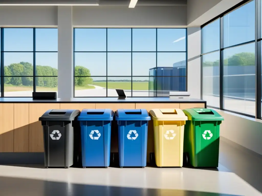Centro de reciclaje moderno y minimalista: comunidad responsable Moderno centro de reciclaje con franquicias reciclaje sostenible hogar, ambiente luminoso y organizado, con visitantes y empleado amable