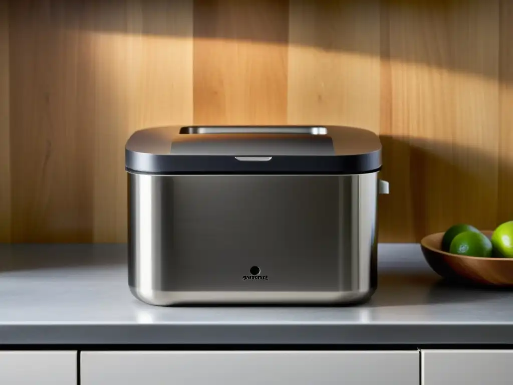 Contenedor de compostaje moderno en la cocina Un moderno contenedor de compostaje en una cocina, mostrando el proceso de compostaje de residuos orgánicos en el hogar