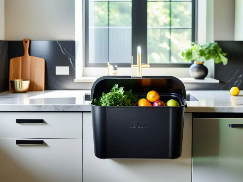 Un moderno contenedor de compostaje en una cocina urbana, con alimentos orgánicos y un aspecto minimalista