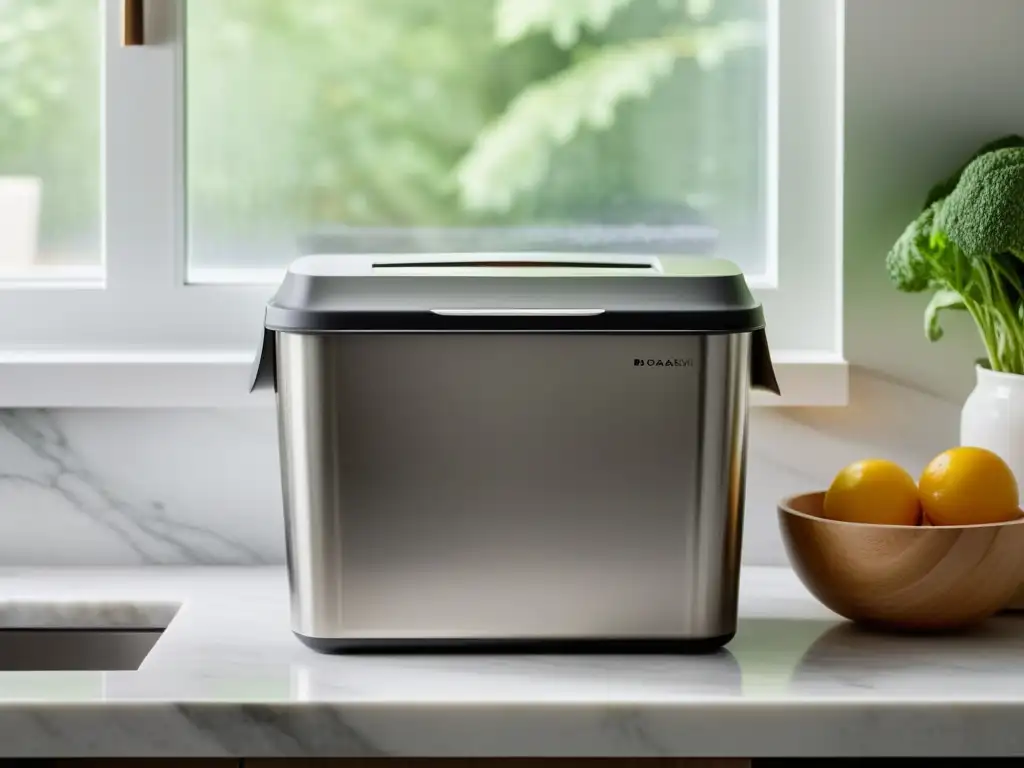 Compostaje Bokashi: Sostenibilidad en la Cocina Un moderno contenedor de compostaje Bokashi en una cocina minimalista, iluminada con luz natural