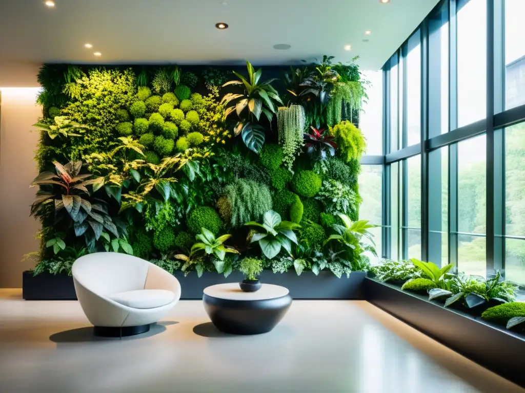 Un moderno diseño interior con una impresionante pared viva, llena de plantas verdes exuberantes, que brinda beneficios de las paredes vivas