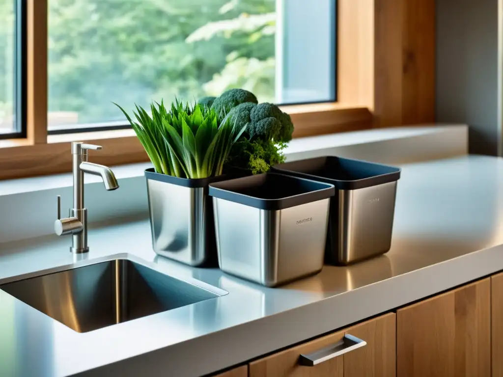 Cocina moderna y ecológica: compostaje y reciclaje integrados Moderno y ecológico espacio de cocina con contenedores de compostaje y reciclaje, integrados en el hogar