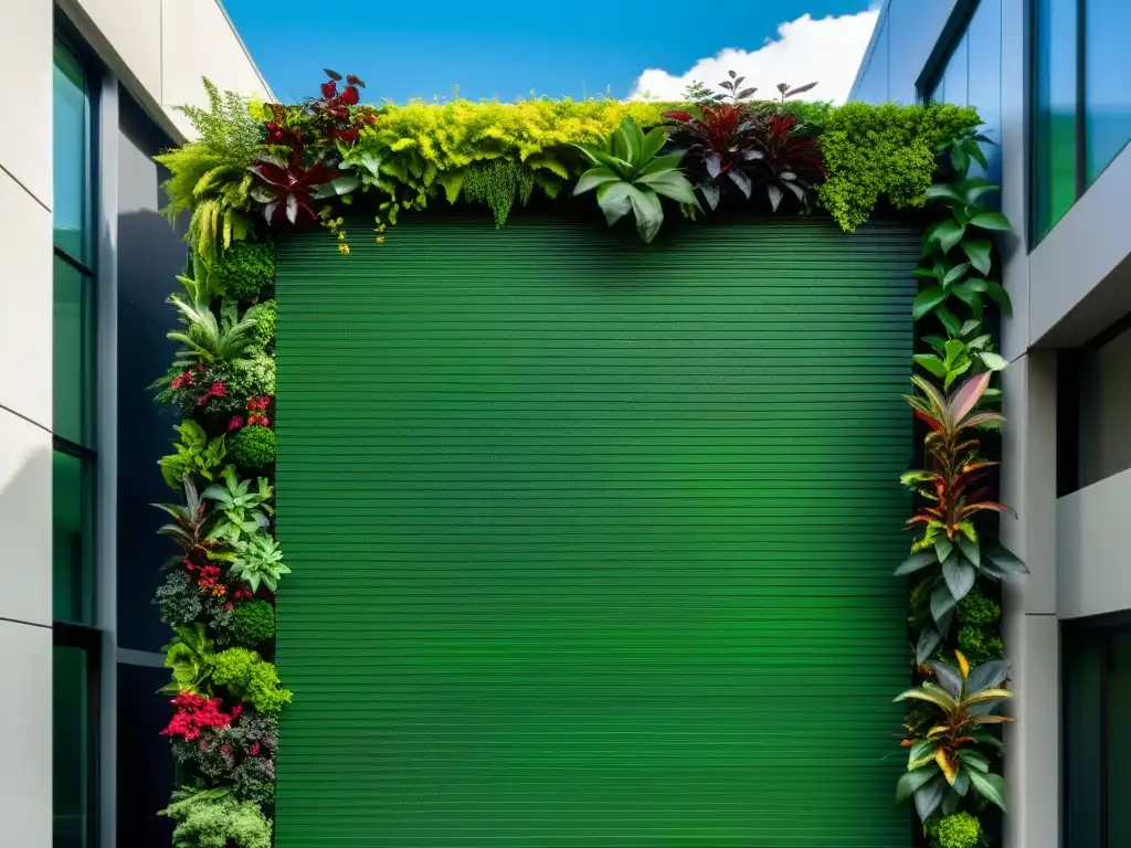 Un moderno edificio comercial se transforma con un impresionante muro verde, creando un espacio vibrante y sostenible