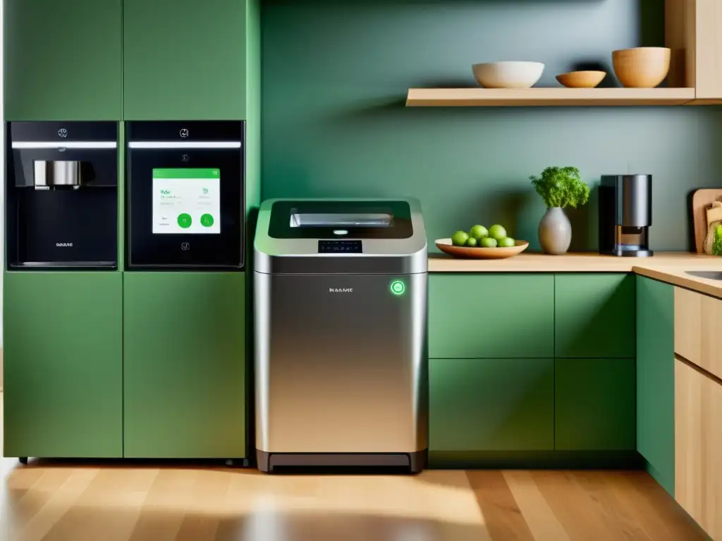 Un moderno y elegante sistema de reciclaje automatizado en la cocina, con tecnología AI y detalles verdes sutiles