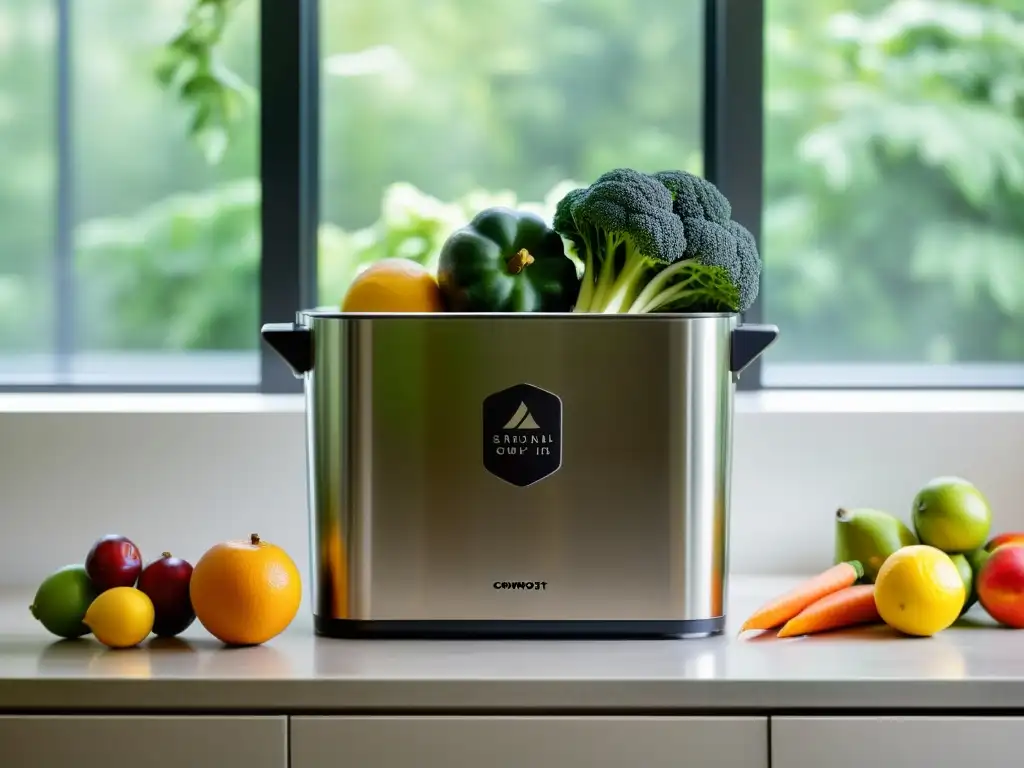 Un moderno mostrador de cocina con un contenedor de compostaje de acero inoxidable, frutas y verduras