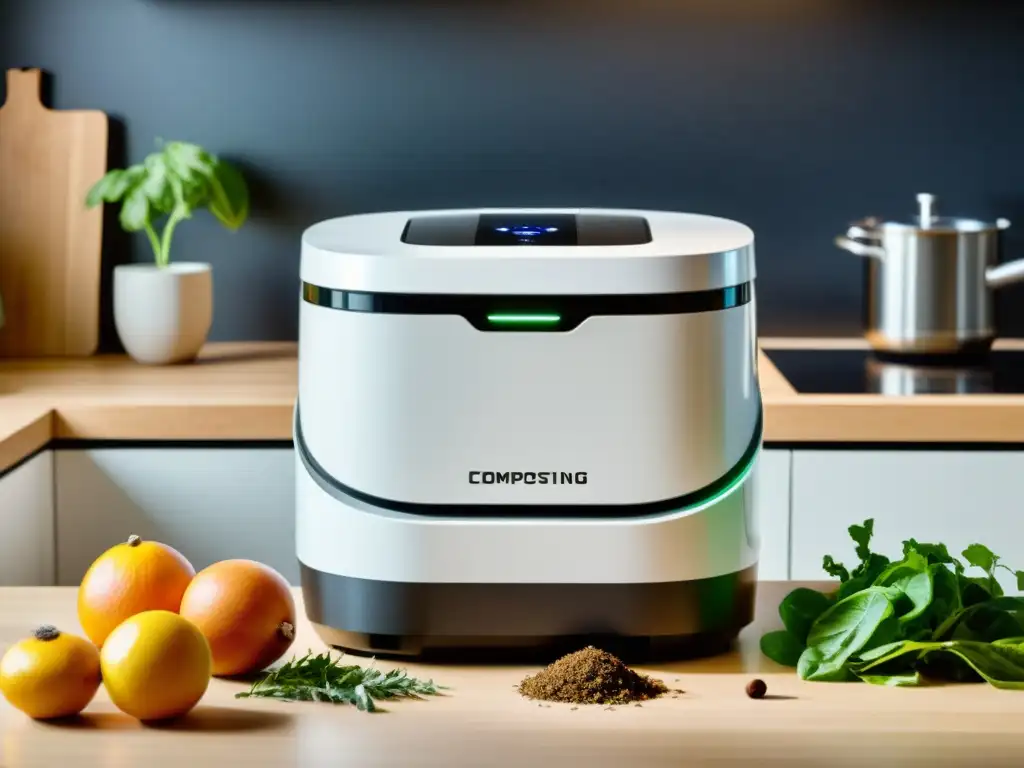 Un moderno robot compostador para reciclaje doméstico en una cocina, procesando desechos orgánicos en un ambiente sereno y futurista