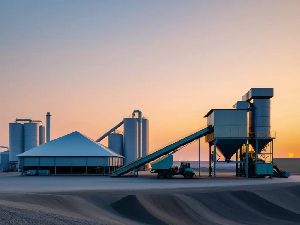 Un moderno y sereno centro de reciclaje con maquinaria metálica y una suave puesta de sol en tonos pastel