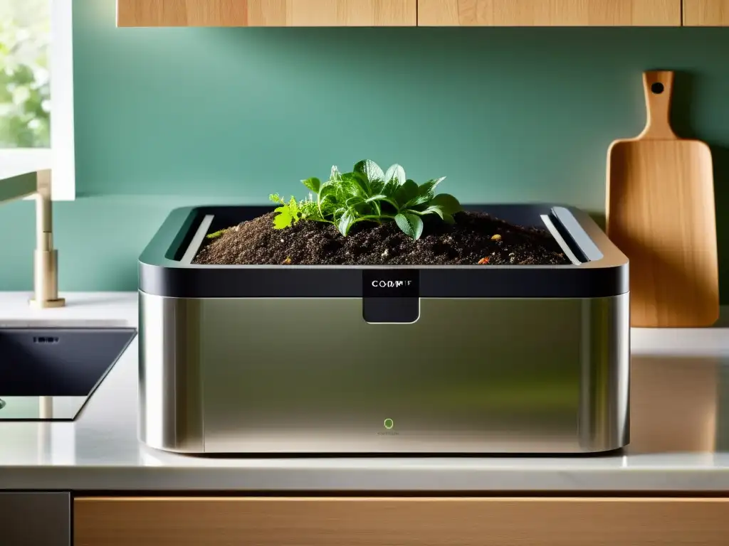 Un moderno sistema de compostaje integrado en una elegante encimera de cocina, fusionando compostaje y reciclaje en el hogar con estilo y eficiencia